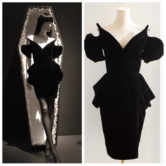 Iconic Thierry Mugler Vintage 1981 Black Velvet Peplum Vampire Dress